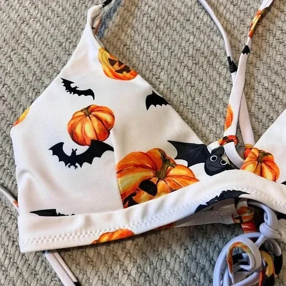 Zaful Womens Halloween Pumpkin Bat Bikini Top Size M 6 Twee Witchy Goth Novelty - Picture 3 of 5